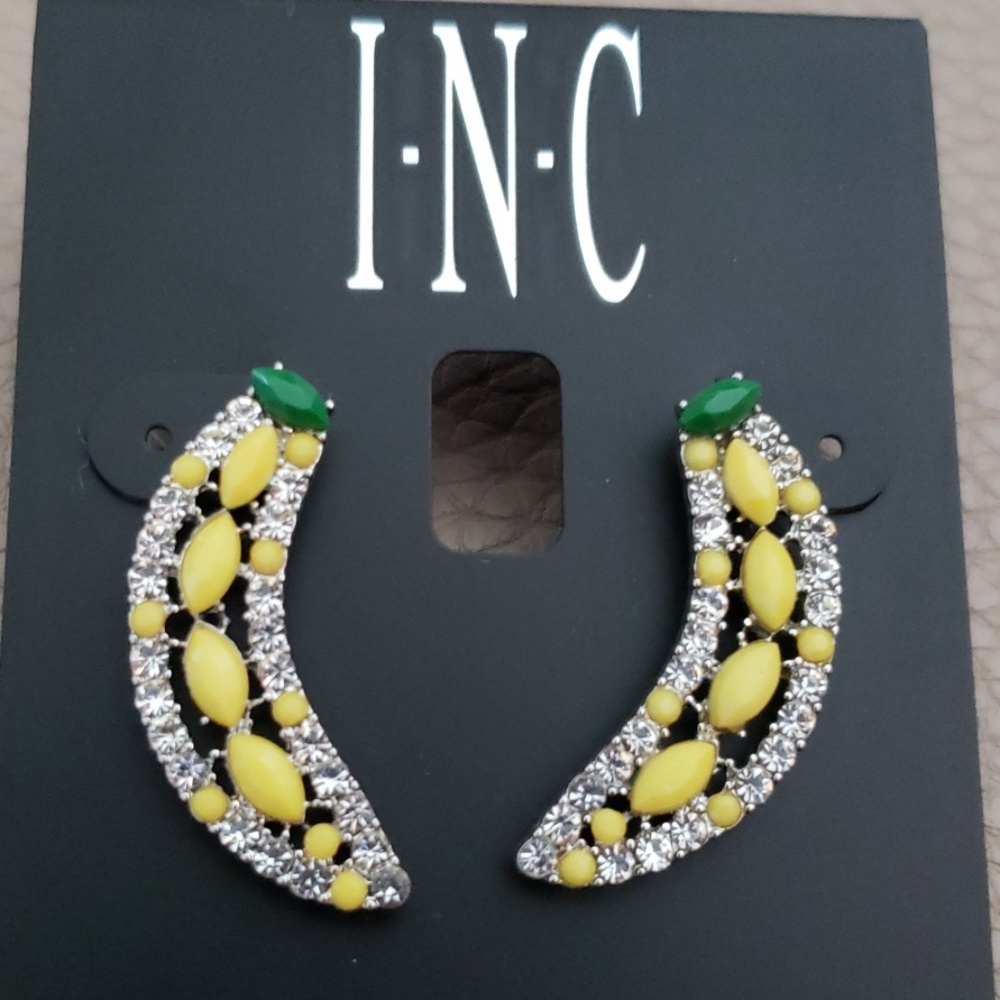 INC Silvertone Pave Stone Banana Earrings